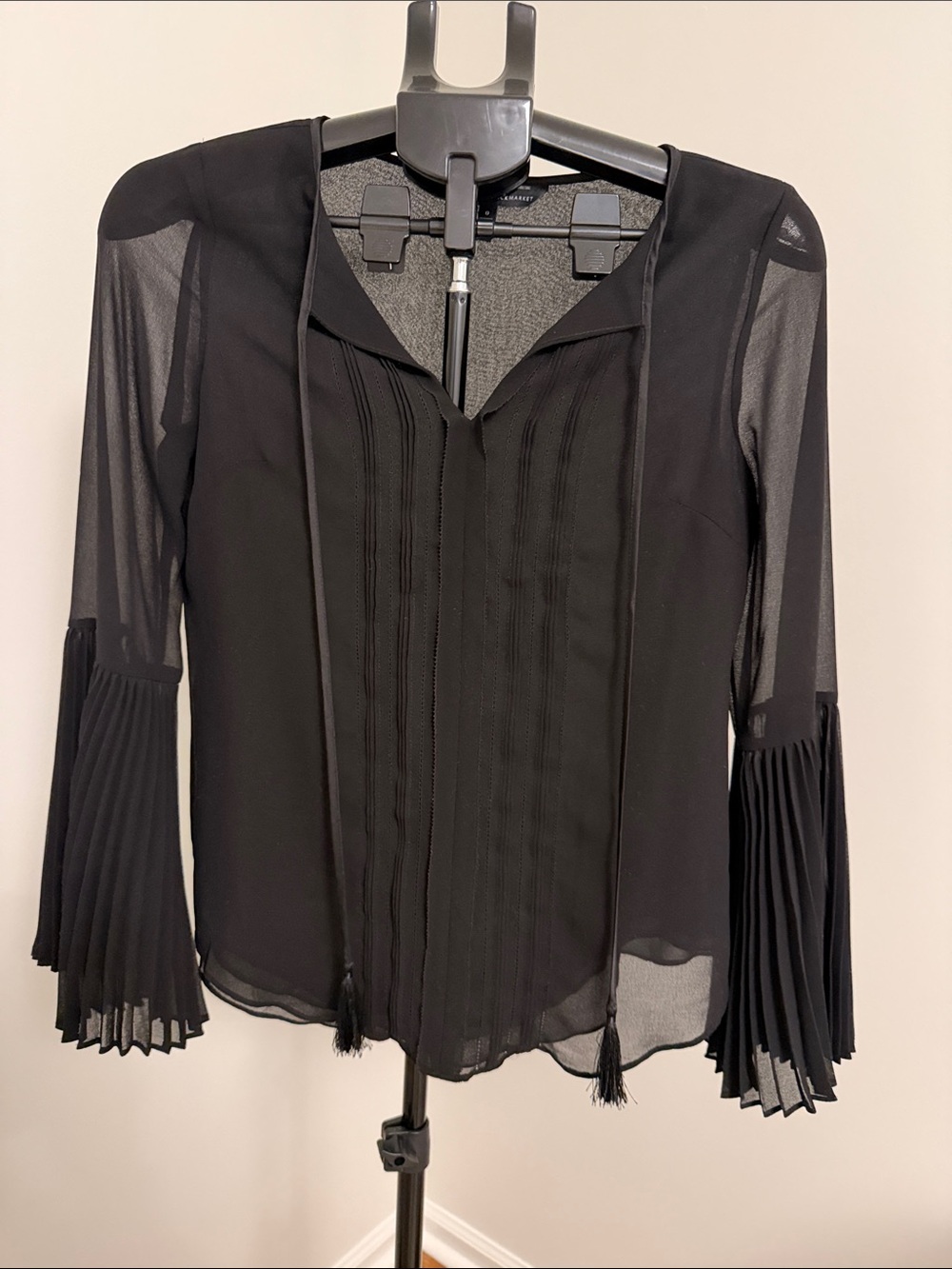 White House Black Market Black Sheer Pleated Tie-Neck Blouse